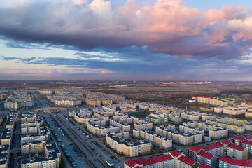 Aerial view of the microdistrict of the city of St. Petersburg in the evening