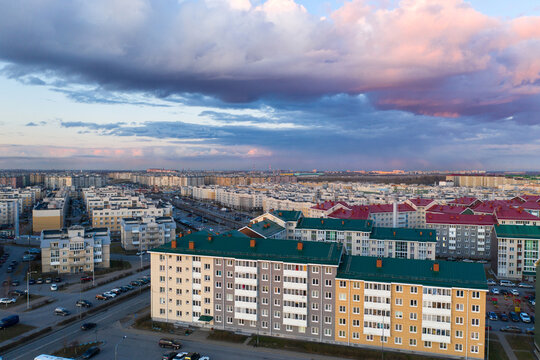Aerial view of the microdistrict of the city of St. Petersburg in the evening