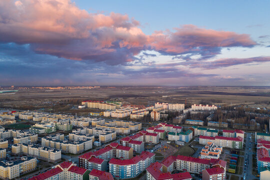 Aerial view of the microdistrict of the city of St. Petersburg in the evening