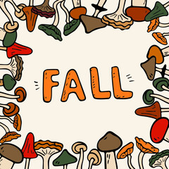 Vector flat illustration banner with inscription fall with autumn leaves. Doodle objects are cut out. Background decoration.