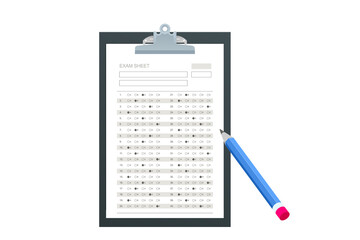 The student filling out answers to exam test answer sheet with a pencil. School and Education. Test score sheet with answers