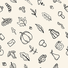 Vector flat illustration seamless pattern on an autumn theme: mushrooms, vegetables, leaves, cute attributes. Doodle objects are cut out. Background decoration.