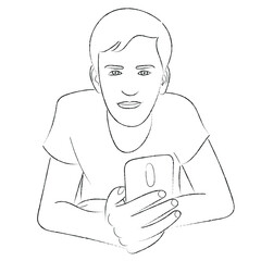 Sketch portrait of a nice guy with a mobile phone in his hand