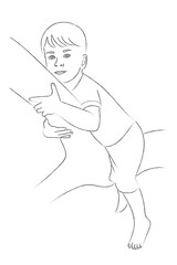 Sketch portrait of a little boy who sits on a tree