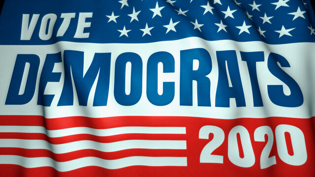 waving flag, vote for us democrats party, background, 3d illustration. Election 2020.