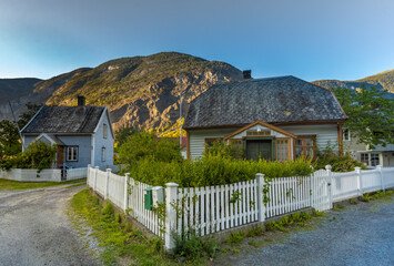 Fototapeta na wymiar The beautiful old village of Lærdalsoyri, Vestland, Norway. Once a major trading port between east and west Norway. Well preserved historical center dating from 1700-1800