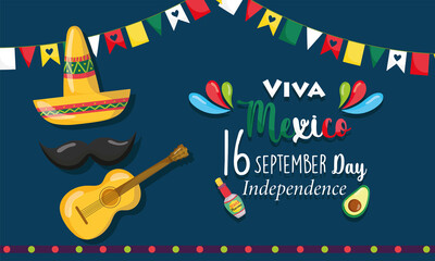 mexican independence day, hat guitar mustache bunting decoration, viva mexico is celebrated on september