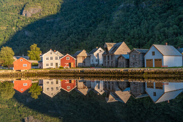 The beautiful old village of Lærdalsoyri, Vestland, Norway. Once a major trading port between east and west Norway.  Well preserved historical center dating from 1700-1800