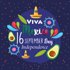 mexican independence day, lettering avocado flowers hat, viva mexico is celebrated on september