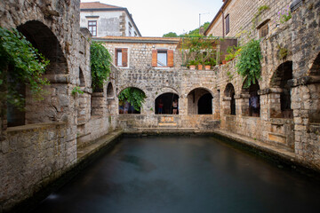 Fototapeta na wymiar Stari Grad/ Croatia-August 7th,2020: Wonderful sea water pool with mullet fish, surrounded by stone arches in the 