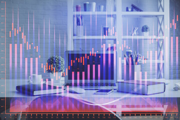 Double exposure of financial graph drawing and office interior background. Concept of stock market.