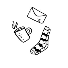 Vector flat doodle illustration. Items of home autumn comfort. Socks, letter and tea. Modern decoration.