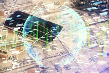 Multi exposure of business theme drawing over us dollars bill background. Concept of financial success.