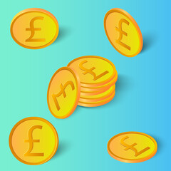 Set of gold coins of the Pound sterling. Coins in different angles with shadows on a blue-green background.Can be used as design elements.Vector illustration.