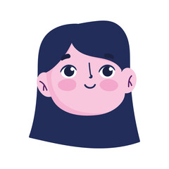 young girl female cartoon face, isolated icon white background