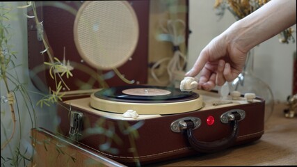 Fototapeta na wymiar Hands putting a vinyl disc on a player, close up female hands put the needle on a record, playing vinyl disc. Retro style, vinyl recorder playing