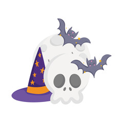 happy halloween, skull moon bats and hat cartoon, trick or treat party celebration