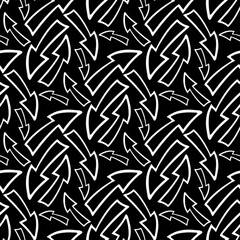 White contour linear arrows isolated on black background. Monochrome geometric seamless pattern. Vector flat graphic hand drawn illustration. Texture.