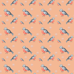 Hand Painted Bullfinch with snowflakes seamless pattern. Winter Red Christmas bird watercolor illustration. Watercolor Xmas background. Hand drawn fabric paper texture design