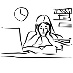 Tired girl at the computer and books. Rough linear sketch. Isolated vector illustration. Black on a white background.
