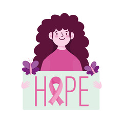 breast cancer awareness young woman hope placard, vector