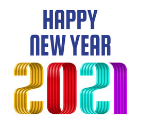 2021 happy new year colorful ribbon font on white background. Merry Christmas and happy new year greeting card banner.