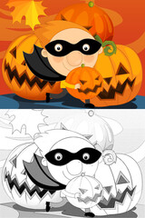 Cartoon halloween scene with sketch illustration