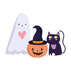 happy halloween, ghost pumpkin and black cat trick or treat party celebration