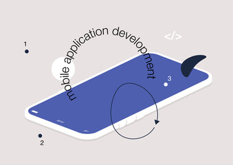a mobile application development web banner, an isometric view of a mobile phone with abstract objects around, UI and UX