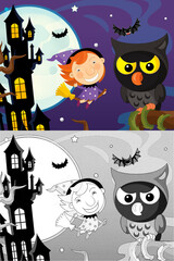 Cartoon halloween scene with sketch illustration