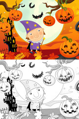 Cartoon halloween scene with sketch illustration