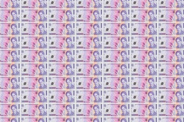 50000 Romanian leu bills printed in money production conveyor. Collage of many bills. Concept of...