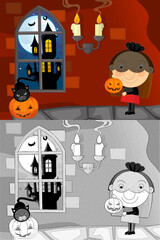 Cartoon halloween scene with sketch illustration