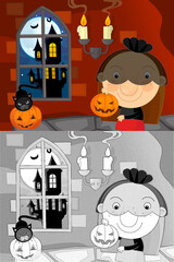 Cartoon halloween scene with sketch illustration