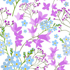 Forget-me-nots and bells seamless pattern. Background Wildflowers. Vector illustration.