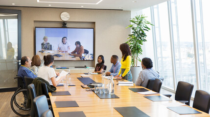 Business people video conferencing in conference room meeting