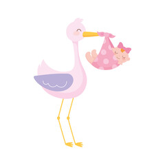 baby shower, stork with little girl in beak, celebration welcome newborn