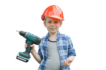 A cute preschooler is standing with a screw gun in his hand and holding a self-tapping screw in the other. Isolated child on a white background, horizontal photo.