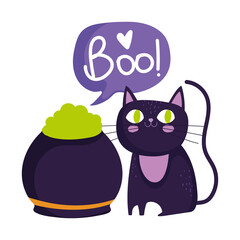 happy halloween, black cat and cauldron potion spell trick or treat party celebration