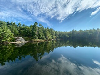 Fototapeta na wymiar Reflection of Sky and Pine Forest in Georgian Bay Ontario Canada