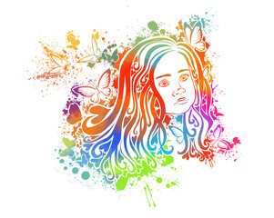 The face of a beautiful little girl with butterflies. Vector illustration