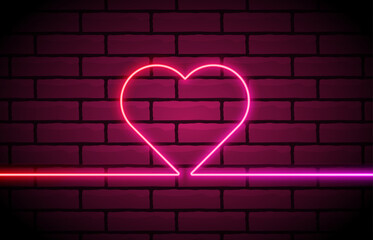 Heart shape neon light of one line. Bright light heart. Happy Valentines Day. Vector banner.