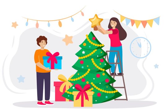Happy man and woman decorates a Christmas tree vector illustration of a flat design. Cute smiling people decorating Christmas tree with baubles and garlands