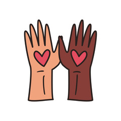 black and white hands with hearts line and fill style icon vector design