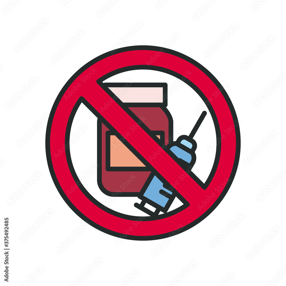 Poster medicine jar and injection with ban line and fill style icon vector design