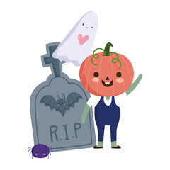 happy halloween, boy pumpkin costume ghost and tombstone, trick or treat party celebration