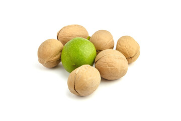 Whole walnuts isolated on white background