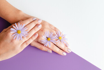 Obraz na płótnie Canvas Young woman's hands close-up. Stylish trendy manicure on white and purple background. Chamomile flowers. Place for text. Advertising of manicure and beauty salon. Relaxation spa service