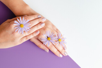 Young woman's hands close-up. Stylish trendy manicure on white and purple background. Chamomile flowers. 
Place for text. Advertising of manicure and beauty salon. 
Relaxation spa service