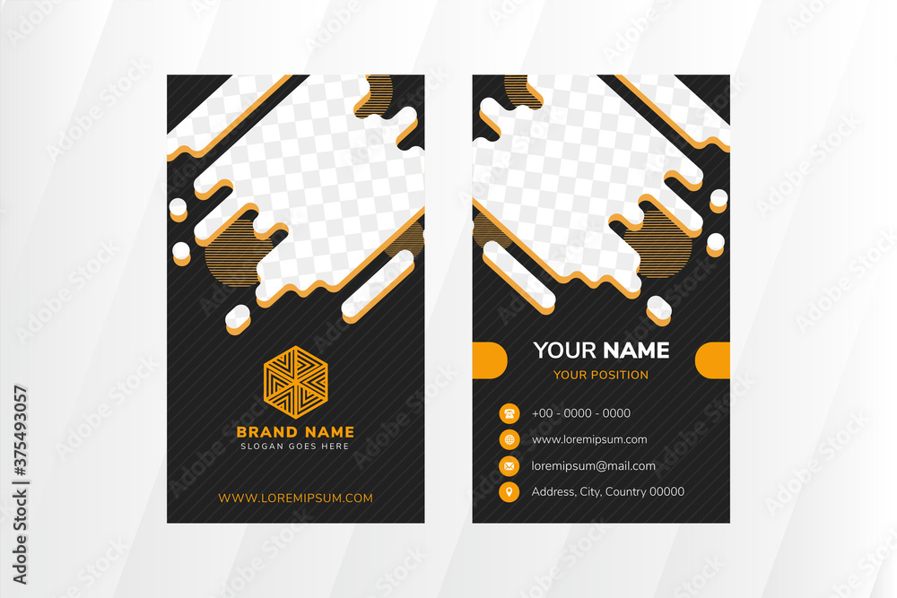 Poster Elegant business card design use vertical layout and liquid shape for photo collage and text. Line pattern in circle border.  abstract modern curve rounded design